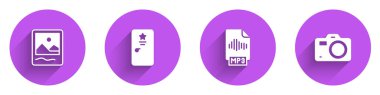 Fotoğraf çerçevesini, sahne arkasını, MP3 dosya belgesini ve uzun gölgeli kamera simgesini ayarla. Vektör