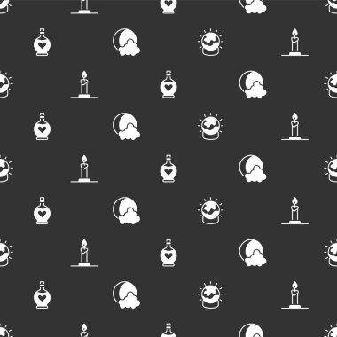 Sihirli top, şamdanda yanan mum, aşk iksiriyle şişelenmiş şişe ve kusursuz desenli ay yıldızları. Vektör