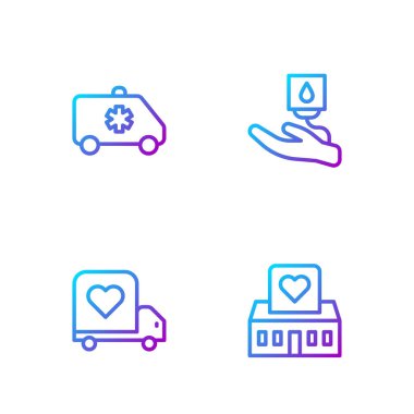 Gönüllüler merkezi, kalbi olan teslimat kamyonu, acil durum arabası ve kan bağışı. Renk simgeleri. Vektör