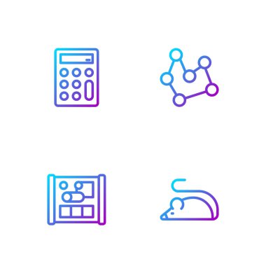 Satır Deneysel Fare, Mühendislik için Grafik Kağıdı, Hesap Makinesi ve Kimyasal Formül. Renk simgeleri. Vektör