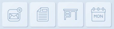 Satır Zarfı, Ofis masası, Dosya belgesi ve Takvimi ayarla. Beyaz kare düğme. Vektör