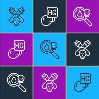 Şişeyi iksirle, büyüteçle ve cıva ikonuyla ayarla. Vektör