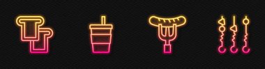 Çatalda sosis, ekmekli tost, suyla kağıt bardak ve ızgara şiş kebap şiş. Parlayan neon ikonu. Vektör
