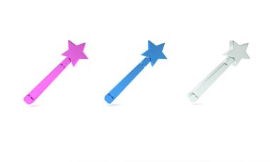 Beyaz arkaplanda izole edilmiş renkli Sihirli değnek simgesi. Yıldız şeklinde sihirli aksesuar. Sihirli güç. Minimalizm kavramı. 3 Boyutlu resimleme