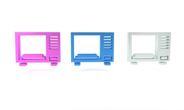 Beyaz zemin üzerinde izole edilmiş renkli mikrodalga fırın ikonu. Ev aletleri simgesi. Minimalizm kavramı. 3 Boyutlu resimleme