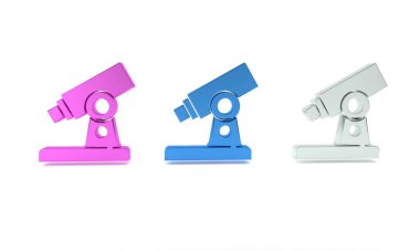 Beyaz arkaplanda renkli mikroskop simgesi izole edildi. Kimya, ilaç aleti, mikrobiyoloji büyütme aracı. Minimalizm kavramı. 3 Boyutlu resimleme