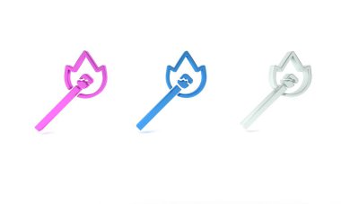 Beyaz arkaplanda izole edilmiş ateş simgesi ile renkli yakma kibriti. Ateşle maç. Kibrit işareti. Minimalizm kavramı. 3 Boyutlu resimleme