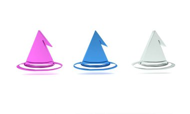 Beyaz arkaplanda renkli cadı şapkası simgesi izole edildi. Mutlu Cadılar Bayramı Partisi. Minimalizm kavramı. 3 Boyutlu resimleme