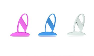 Beyaz arkaplanda renkli sörf tahtası simgesi izole edildi. Sörf tahtası. Olağanüstü bir spor. Spor malzemeleri. Minimalizm kavramı. 3 Boyutlu resimleme 