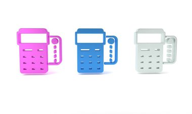 Eklenmiş kredi kartı ve yazdırılmış alıcı simgesi beyaz arkaplanda izole edilmiş renkli POS terminali. NFC ödeme konsepti. Minimalizm kavramı. 3 Boyutlu resimleme 