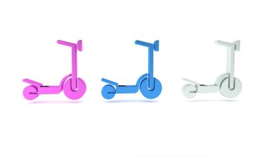Beyaz arka planda izole edilmiş çocuk simgesi için renkli tekerlekli scooter. Motoru tekmele ya da dengeli sür. Minimalizm kavramı. 3 Boyutlu resimleme
