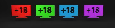 Siyah arkaplanda 18 içerik simgesiyle renkli bilgisayar monitörü. Yaş sınırlama sembolü. Seks içeriği işareti. Yetişkin kanalı. Minimalizm kavramı. 3 Boyutlu resimleme