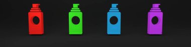 Saç spreyi için renkli sprey kutusu, deodorant, siyah arka planda izole edilmiş terleme önleyici ikon. Minimalizm kavramı. 3 Boyutlu resimleme