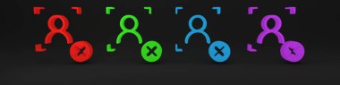 Renkli Reddetme yüz tanıma simgesi siyah arkaplanda izole edildi. Yüz tanımlama simgesi. Yüz tanıma. Siber güvenlik kavramı. Minimalizm kavramı. 3 Boyutlu resimleme