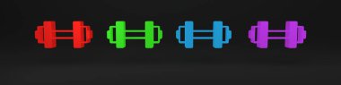 Siyah arkaplanda renkli Dumbbell simgesi izole edildi. Kas kaldırma, fitness halteri, spor malzemeleri. Minimalizm kavramı. 3 Boyutlu resimleme