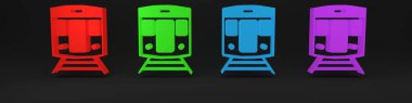 Renkli tren ve demiryolu ikonu siyah arka planda izole edildi. Toplu taşıma sembolü. Metro treni nakliyesi. Metro yeraltı. Minimalizm kavramı. 3 Boyutlu resimleme