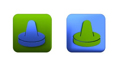 Beyaz arka planda izole edilmiş hava hokeyi ikonu oynamak için renkli çekiç ve disk. Kare düğmesi. 3 Boyutlu resimleme