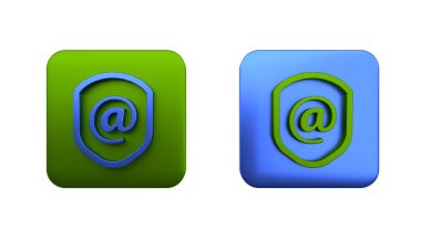 Beyaz arkaplanda posta ve e-posta simgesi olan Renkli Kalkan. Gardiyan. Güvenlik, güvenlik, koruma, gizlilik kavramı. Kare düğmesi. 3 Boyutlu resimleme