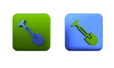 Renkli Kürek simgesi beyaz arkaplanda izole edildi. Bahçe aletleri. Bahçecilik, tarım, çiftçilik aleti. Kare düğmesi. 3 Boyutlu resimleme