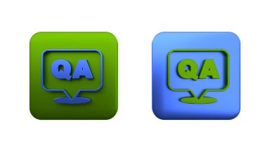 Beyaz arkaplanda Soru ve Yanıt simgesi izole edilmiş renkli konuşma baloncukları. Q ve A sembolü. SSS işareti. Konuşma balonu ve çizelgesi. Kare düğmesi. 3 Boyutlu resimleme 