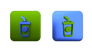 Renkli kahve fincanı beyaz arka planda izole edilmiş bir ikon haline gelecek. Kare düğmesi. 3 Boyutlu resimleme