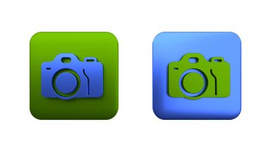 Beyaz arkaplanda renkli fotoğraf makinesi simgesi izole edildi. Foto kamera. Dijital fotoğrafçılık. Kare düğmesi. 3 Boyutlu resimleme