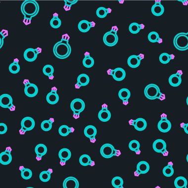 Çizgi Fantezi sihirli taş halkası. Üzerinde mücevher simgesi var. Siyah arkaplanda kusursuz desen var. Vektör