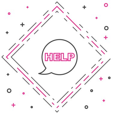 Metin Yardım simgesine sahip satır konuşma balonu beyaz arkaplanda izole edildi. Renkli taslak konsepti. Vektör