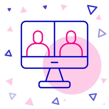 Beyaz arkaplanda görüntülü sohbet simgesi izole edildi. Ekranda görüntülü sohbet arayüzü olan bilgisayar. Renkli taslak konsepti. Vektör