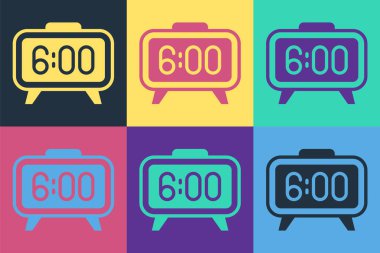 Pop Art Dijital Alarm Saati simgesi renk arkaplanında izole edildi. Elektronik çalar saat. Zaman simgesi. Vektör.
