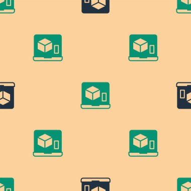 Yeşil ve siyah 3D yazıcı simgesi bej arkaplandaki kusursuz deseni izole etti. 3D baskı. Vektör.