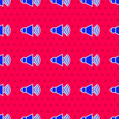 Blue Speaker volume, audio voice sound symbol, media music icon isolated seamless pattern on red background.  Vector.
