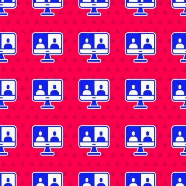 Mavi görüntülü sohbet konferansı simgesi kırmızı arkaplanda izole edilmiş pürüzsüz desen. Ekranda görüntülü sohbet arayüzü olan bilgisayar. Vektör.