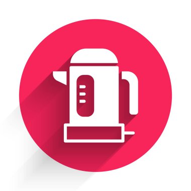 Beyaz Elektrikli Çaydanlık simgesi uzun gölge arkaplanı ile izole edilmiş. Çaydanlık ikonu. Kırmızı daire düğmesi. Vektör