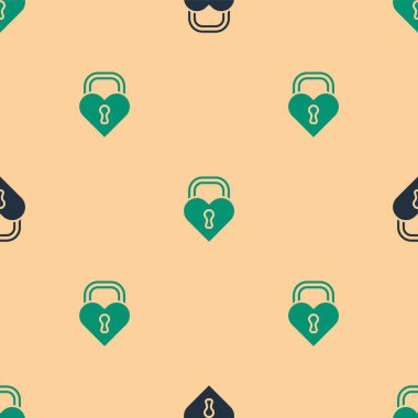 Kalp ikonu şeklinde yeşil ve siyah bir Castle bej arka planda pürüzsüz desen izole etti. Kilitli Kalp. Aşk sembolü ve anahtar deliği işareti. Sevgililer günün kutlu olsun. Vektör