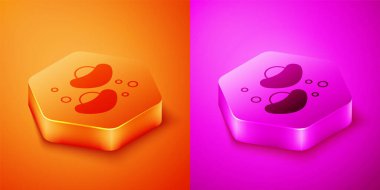 Isometric Chinese fortune cookie icon isolated on orange and pink background. Asian traditional. Hexagon button. Vector