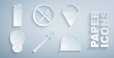 Ateş küreği, koni kovası, gaz maskesi, itfaiyeci kaskı, ateş kibriti yok ve çakmak ikonu. Vektör