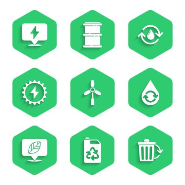 Rüzgar türbini, Eko yakıt tüpü, geri dönüşümlü geri dönüşüm, temiz su, konum yaprağı, güneş enerjisi paneli ve yıldırım cıvata ikonu. Vektör