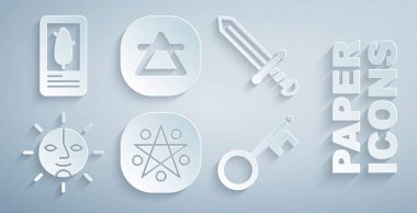 Pentagram 'ı daire içine al, Ortaçağ kılıcı, Güneş, Eski anahtar, Hava elementi ve Tarot kartları simgesi. Vektör