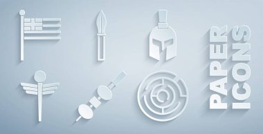 Çubukta zeytin ve peynir, Yunan miğferi, Caduceus yılan tıbbı, Minotaur labirenti, Ortaçağ mızrağı ve Yunanistan ulusal bayrak ikonu. Vektör