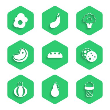 Ekmek, armut, waffle, çikolatalı kurabiye, soğan, biftek, brokoli ve çırpılmış yumurta ikonu. Vektör