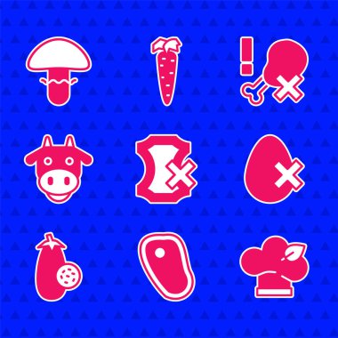 Deri yok, biftek yok, vejetaryen yemek diyeti, yumurta, patlıcan, inek kafası, tavuk budu ve mantar ikonu. Vektör