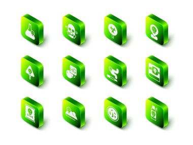 Gaz maskesi, biyolojik tehlike sembolü, radyoaktif mekan, zehirlerle ilgili kitap, böceklere karşı sprey, sigara, bakterili Petri kabı ve deneysel fare simgesi. Vektör