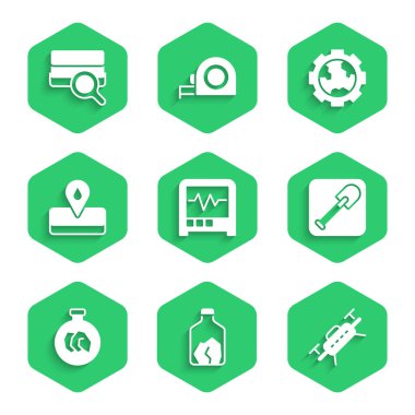 Sismograf, Ore madenciliği, Drone, Shovel, Exhibition with minerals, rocks, Oilfield, Gear Wheels and Earth ve Toprak analiz ikonu. Vektör