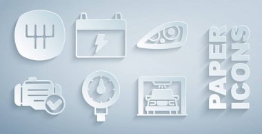 Lastik basınç göstergesini, araba farını, motoru, yıkamayı, aküyü ve vites kutusu simgesini ayarlayın. Vektör