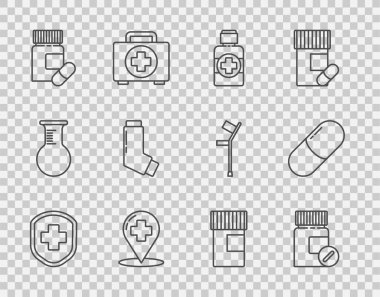 Tıbbi kalkanı haç, ilaç şişesi ve haplarla, ilaç şurubu şişesi, harita göstergesi hastanesi, astım ilacı ve tablet ikonu ile ayarla. Vektör