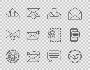 Posta, e-posta, kağıt uçak, gelen kutusu, zarf, yükleme, konuşma balonu sohbeti ve sohbet mesajlarını telefon simgesine yerleştir. Vektör