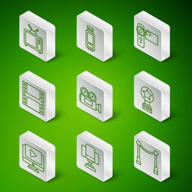 Engelli set hattı, yönetmen koltuğu, Retro TV, sinema kamerası, Play Video, USB flash disk, Online play video ve Movie kupa ikonu. Vektör