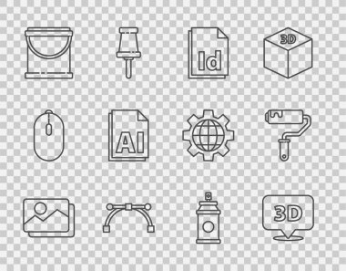 Satır Resim peyzajını ayarla, metin 3D konuşma balonu, ID Dosya belgesi, Bezier eğrisi, boya kovası, yapay zeka dosyası, sprey kutu ve paten fırçası simgesi. Vektör