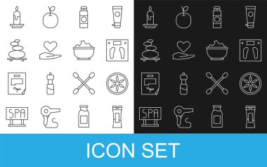 Şişe şampuanı, Yaprak bitkisi, banyo terazisi, krem ya da losyon kozmetik tüpü, Kalp eli, Yığın sıcak taşlar, yanan mum ve deniz tuzu ikonu. Vektör